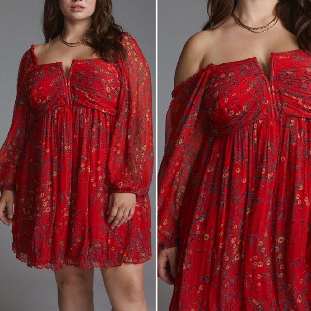 Anthropologie Let Me Be Red Floral Babydoll Boho Long Sleeve Bow-Back Mini Dress